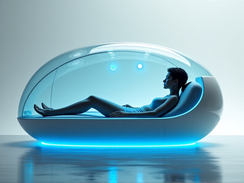 A futuristic heating system integrated into a floatation pod, featuring sleek, metallic components and glowing blue energy-efficient elements. The design is modern and high-tech, with a focus on sustainability and cutting-edge innovation in heating solutions.